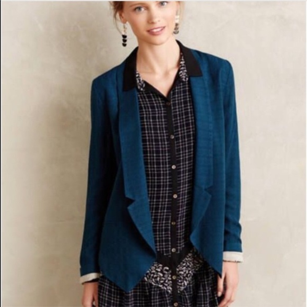 Anthropologie cartonnier teal llama lining blazer